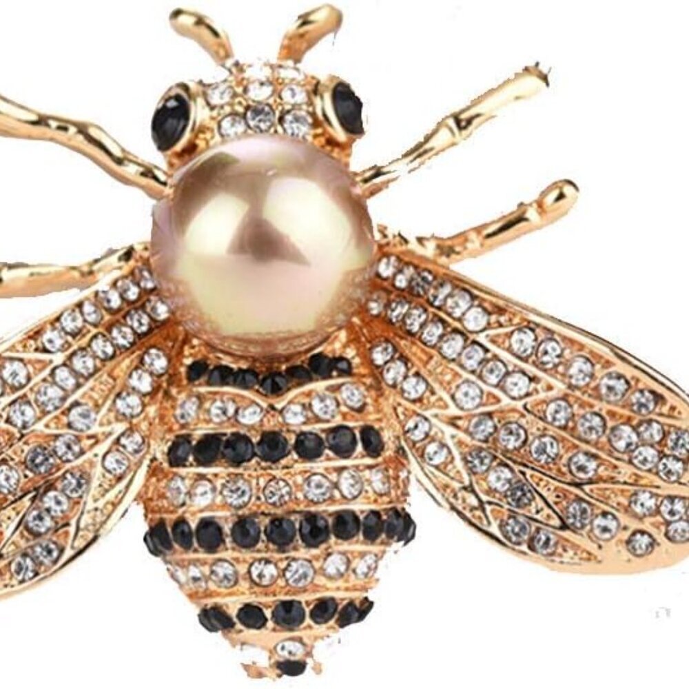 Honey Bee Brooch Crystal Pearl Gold Tone Animal Fashion Pin Jewelry